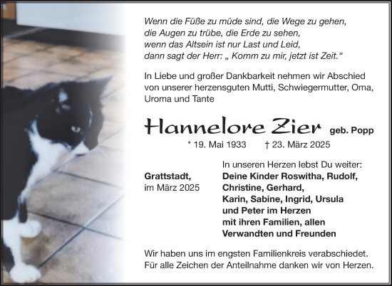 Traueranzeige von Hannelore Zier von Neue Presse Coburg