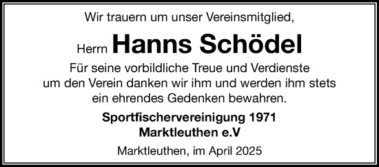 Traueranzeige von Hanns Schödel von Frankenpost