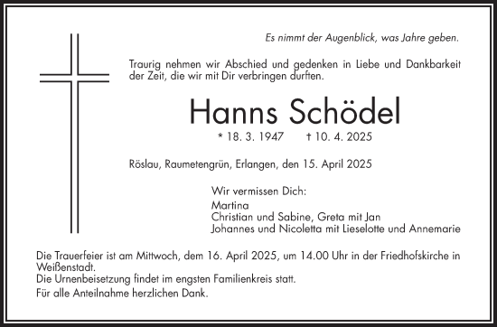 Traueranzeige von Hanns Schödel von Frankenpost