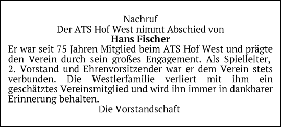 Traueranzeige von Hans Fischer von Frankenpost