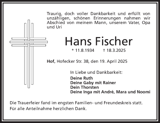 Traueranzeige von Hans Fischer von Frankenpost