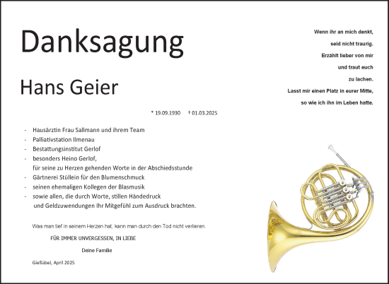 Traueranzeige von Hans Geier von Südthüringer Presse