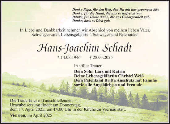 Traueranzeige von Hans-Joachim Schadt von Südthüringer Presse