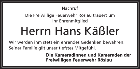 Traueranzeige von Hans Käßler von Frankenpost