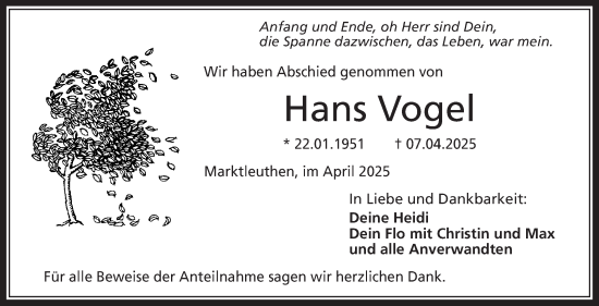 Traueranzeige von Hans Vogel von Frankenpost