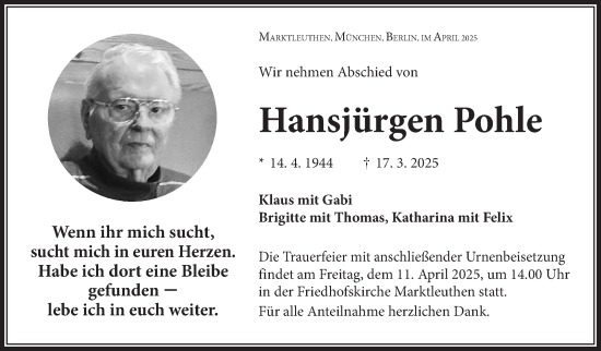 Traueranzeige von Hansjürgen Pohle von Frankenpost