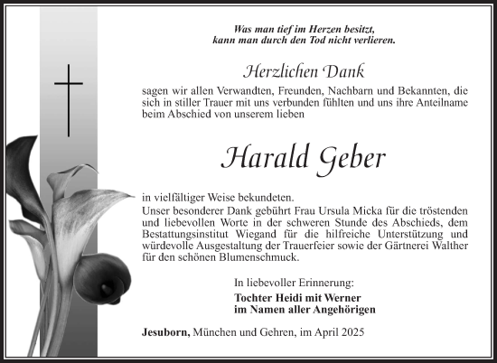Traueranzeige von Harald Geber von Südthüringer Presse