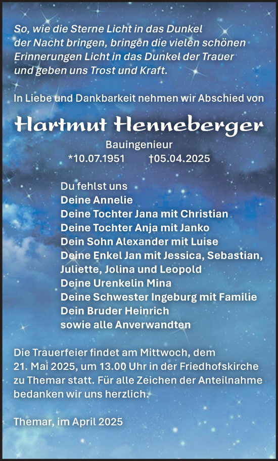 Traueranzeige von Hartmut Henneberger von Südthüringer Presse