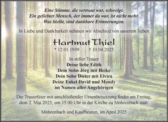 Traueranzeige von Hartmut Thiel von Südthüringer Presse