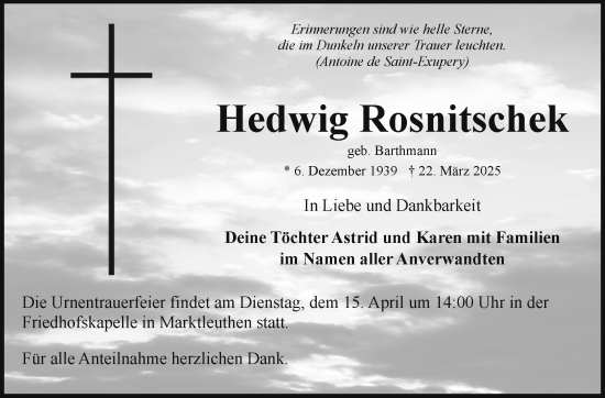 Traueranzeige von Hedwig Rosnitschek von Frankenpost
