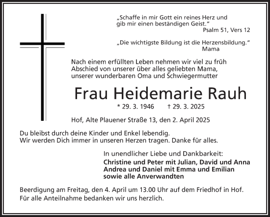 Traueranzeige von Heidemarie Rauh von Frankenpost