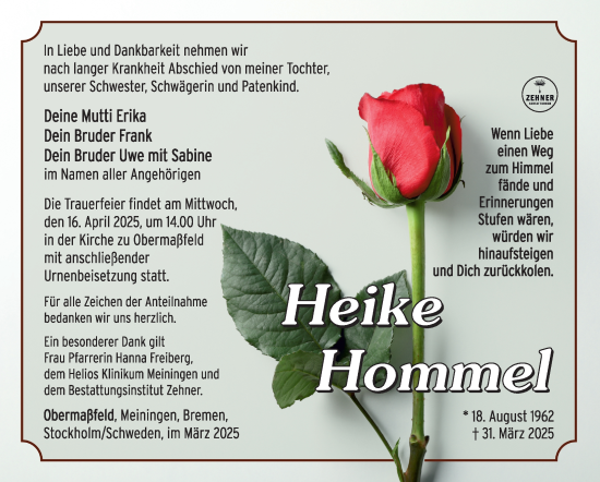 Traueranzeige von Heike Hommel von Südthüringer Presse