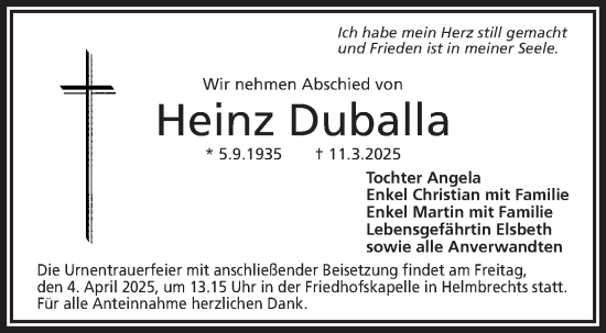 Traueranzeige von Heinz Duballa von Frankenpost