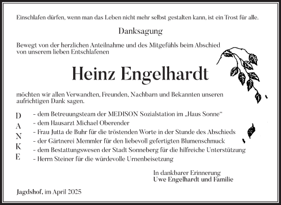 Traueranzeige von Heinz Engelhardt von Südthüringer Presse