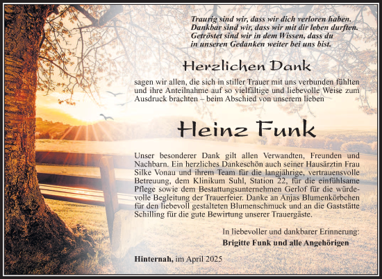 Traueranzeige von Heinz Funk von Südthüringer Presse