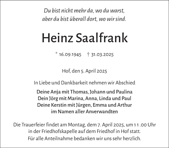 Traueranzeige von Heinz Saalfrank von Frankenpost