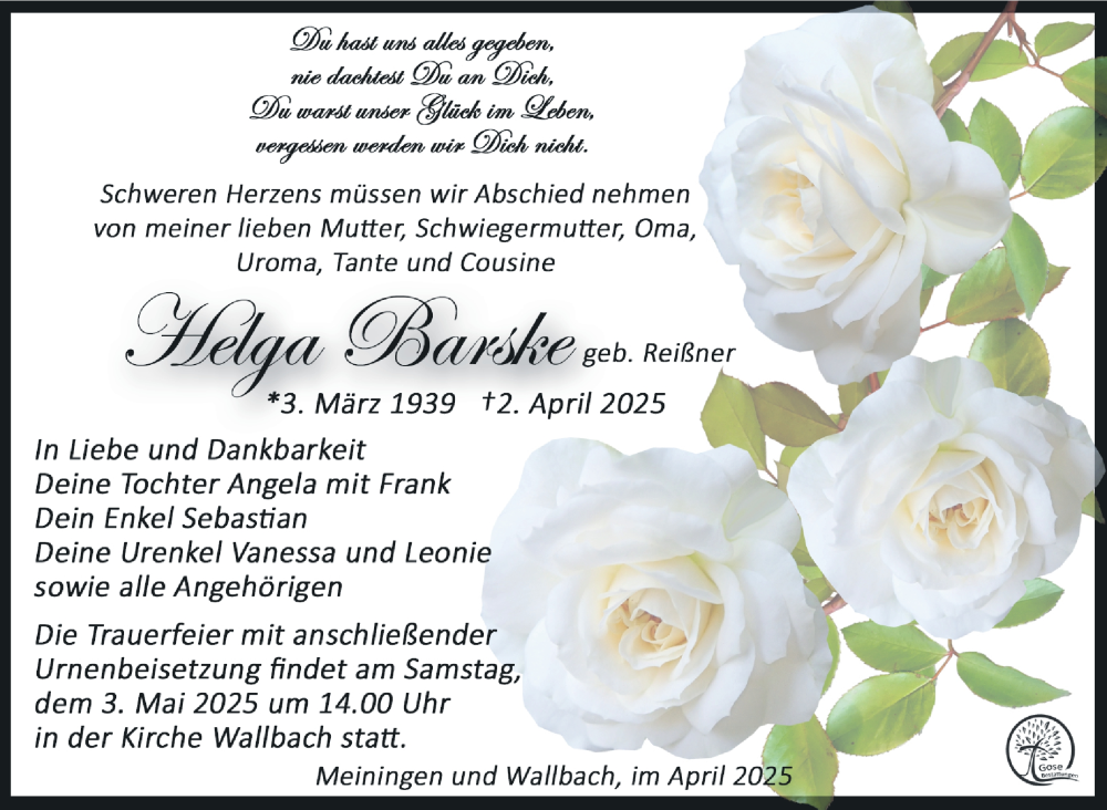  Traueranzeige für Helga Barske vom 26.04.2025 aus Südthüringer Presse