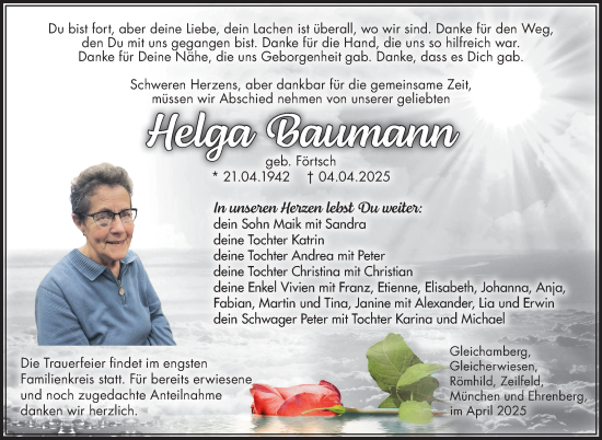 Traueranzeige von Helga Baumann von Südthüringer Presse