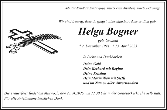 Traueranzeige von Helga Bogner von Frankenpost