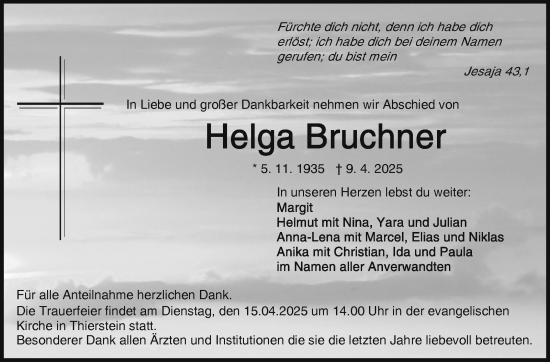 Traueranzeige von Helga Bruchner von Frankenpost