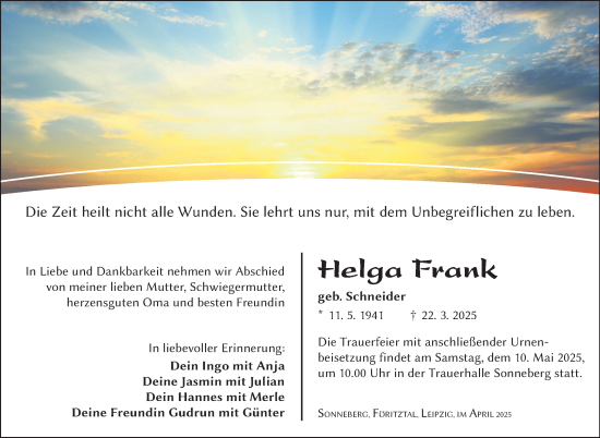 Traueranzeige von Helga Frank von Südthüringer Presse