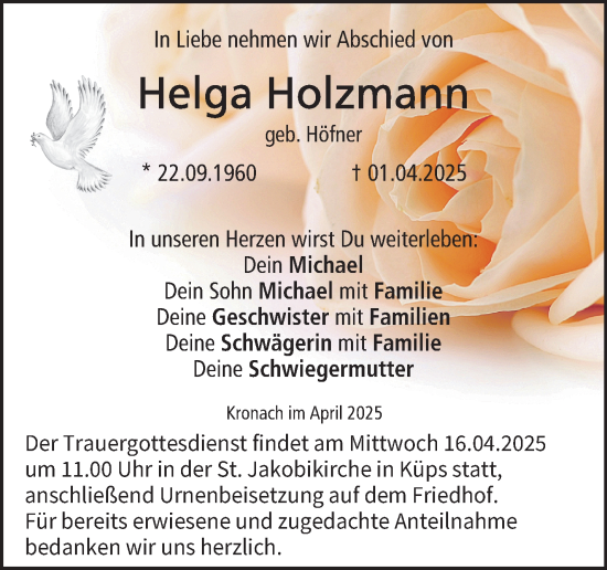 Traueranzeige von Helga Holzmann von Neue Presse Coburg