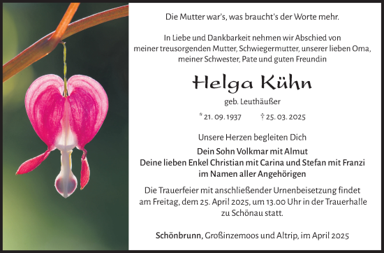 Traueranzeige von Helga Kühn von Südthüringer Presse