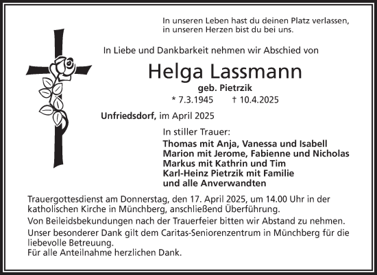 Traueranzeige von Helga Lassmann von Frankenpost