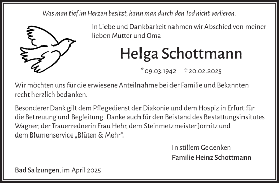 Traueranzeige von Helga Schottmann von Südthüringer Presse