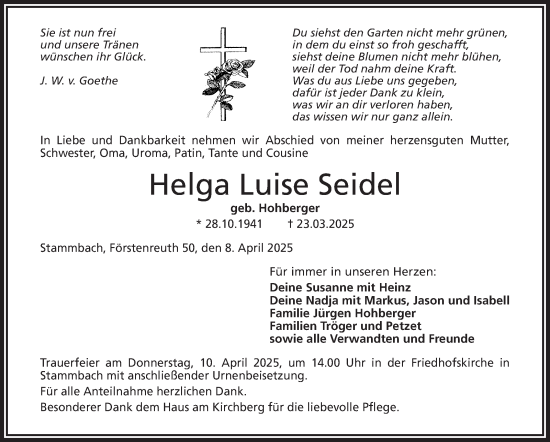 Traueranzeige von Helga Luise Seidel von Frankenpost