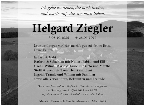 Traueranzeige von Helgard Ziegler von Südthüringer Presse