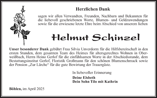 Traueranzeige von Helmut Schinzel von Südthüringer Presse