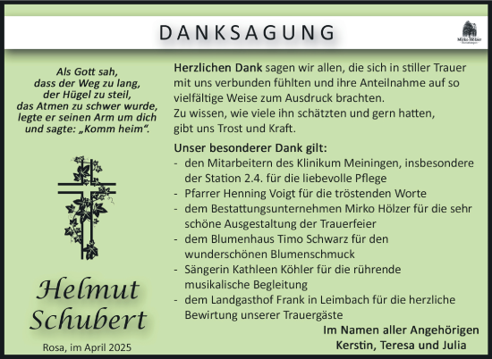 Traueranzeige von Helmut EckardHelmut Eckard SchubertSchubert von Südthüringer Presse