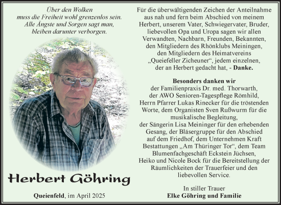 Traueranzeige von Herbert Göhring von Südthüringer Presse