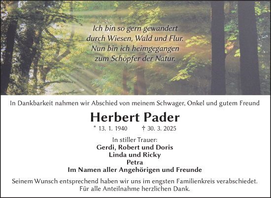 Traueranzeige von Herbert Pader von Frankenpost