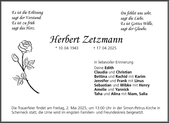 Traueranzeige von Herbert Zetzmann von Neue Presse Coburg