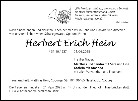 Traueranzeige von Herbert Erich Hein von Neue Presse Coburg