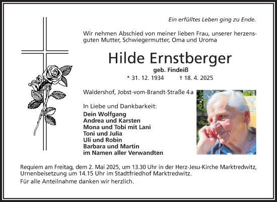 Traueranzeige von Hilde Ernstberger von Frankenpost