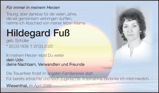Traueranzeige von Hildegard Fuß von Südthüringer Presse