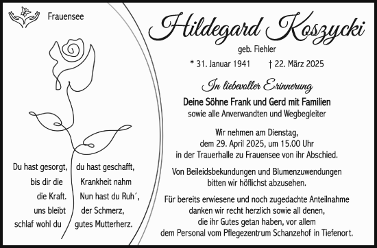 Traueranzeige von Hildegard Koszycki von Südthüringer Presse