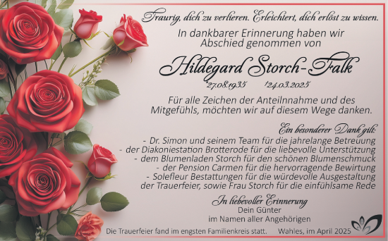 Traueranzeige von Hildegard Storch-Falk von Südthüringer Presse