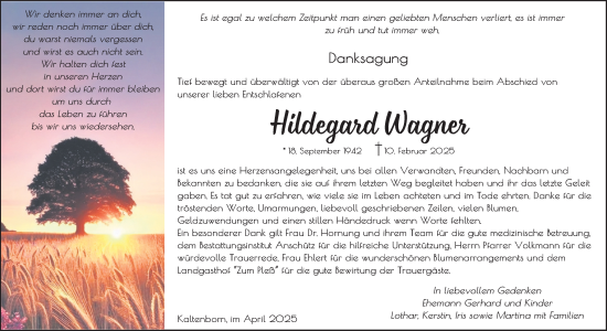 Traueranzeige von Hildegard Wagner von Südthüringer Presse