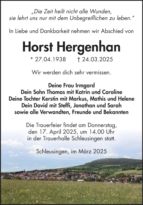 Traueranzeige von Horst Hergenhan von Südthüringer Presse