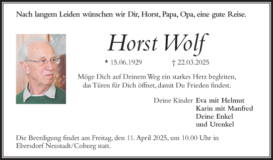 Traueranzeige von Horst Wolf von Neue Presse Coburg