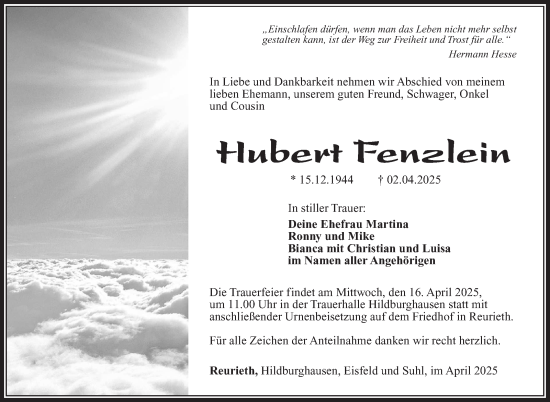 Traueranzeige von Hubert Fenzlein von Südthüringer Presse