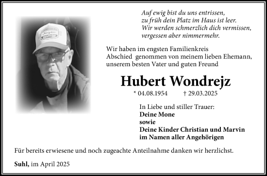 Traueranzeige von Hubert Wondrejz von Südthüringer Presse