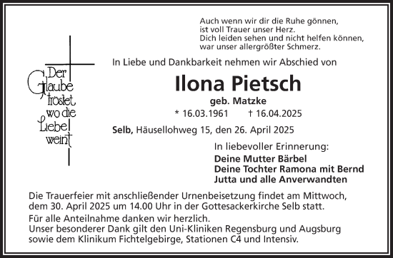 Traueranzeige von Ilona Pietsch von Frankenpost