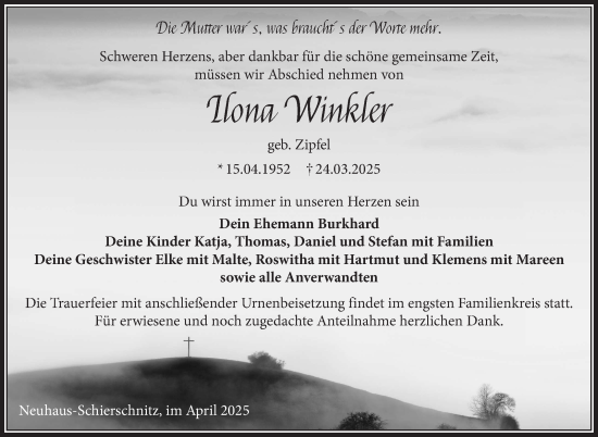 Traueranzeige von Ilona Winkler von Südthüringer Presse