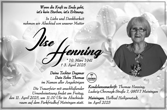 Traueranzeige von Ilse Henning von Südthüringer Presse