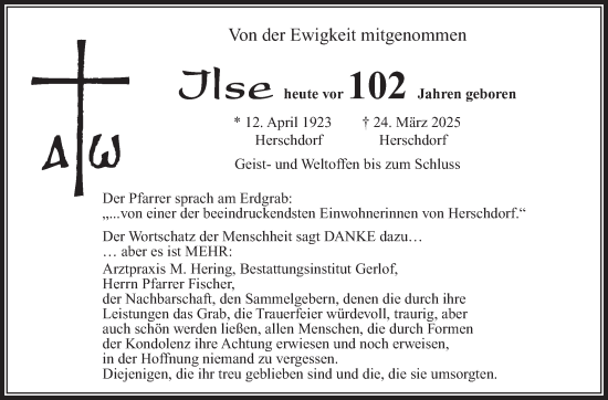 Traueranzeige von Ilse Langbein von Südthüringer Presse